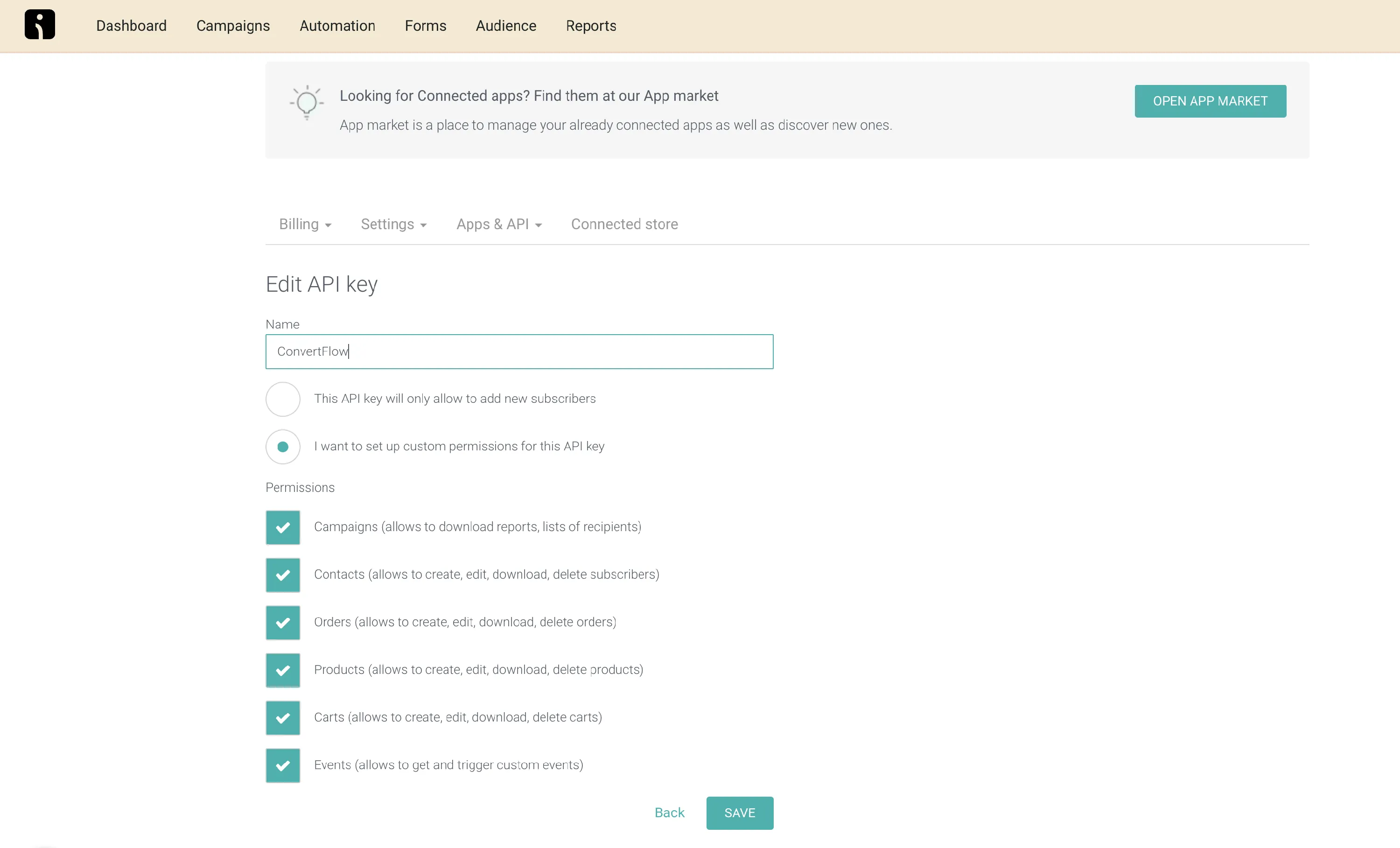 Creating a private API key in Omnisend