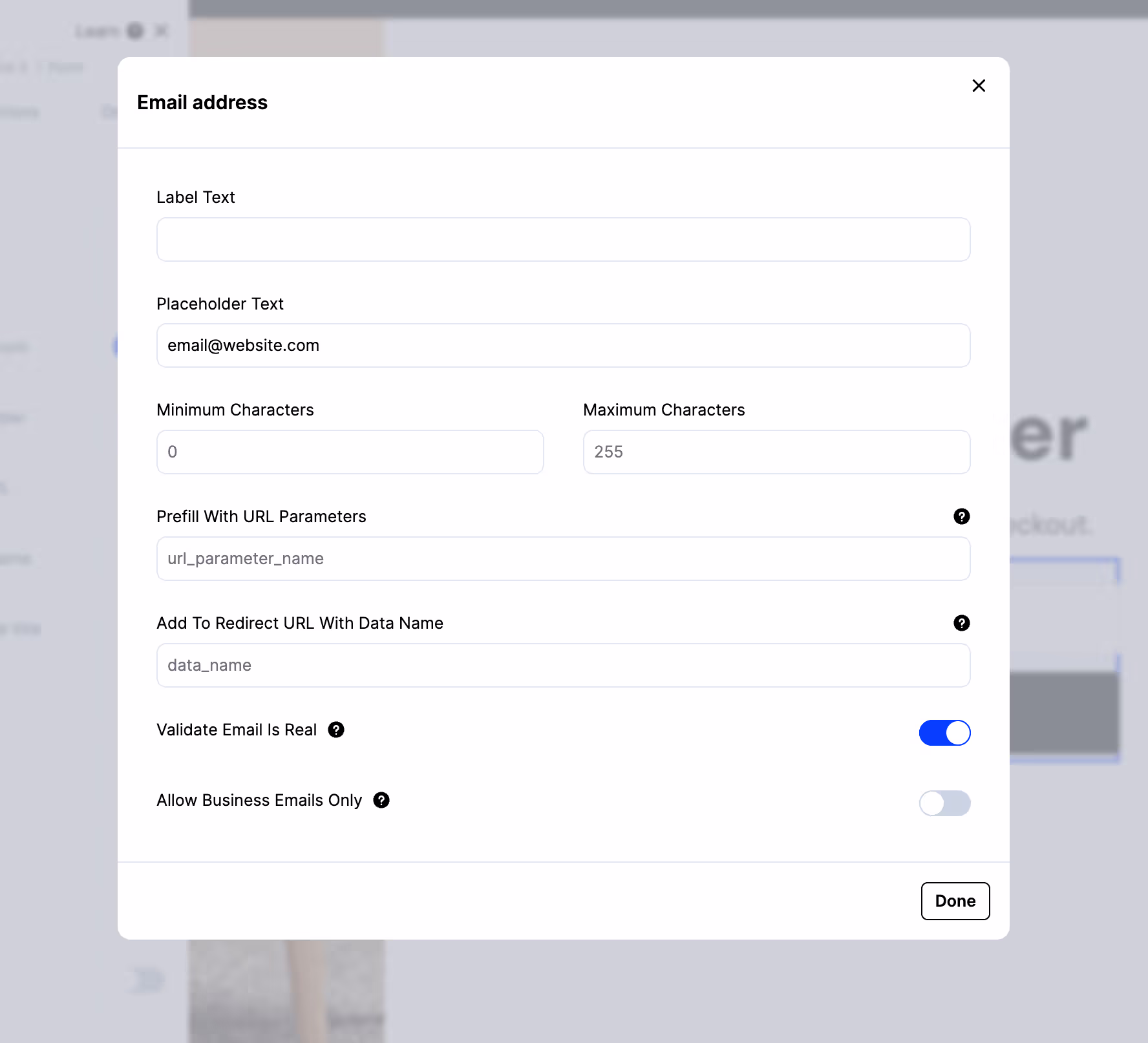 Editing form field settings in the ConvertFlow builder panel
