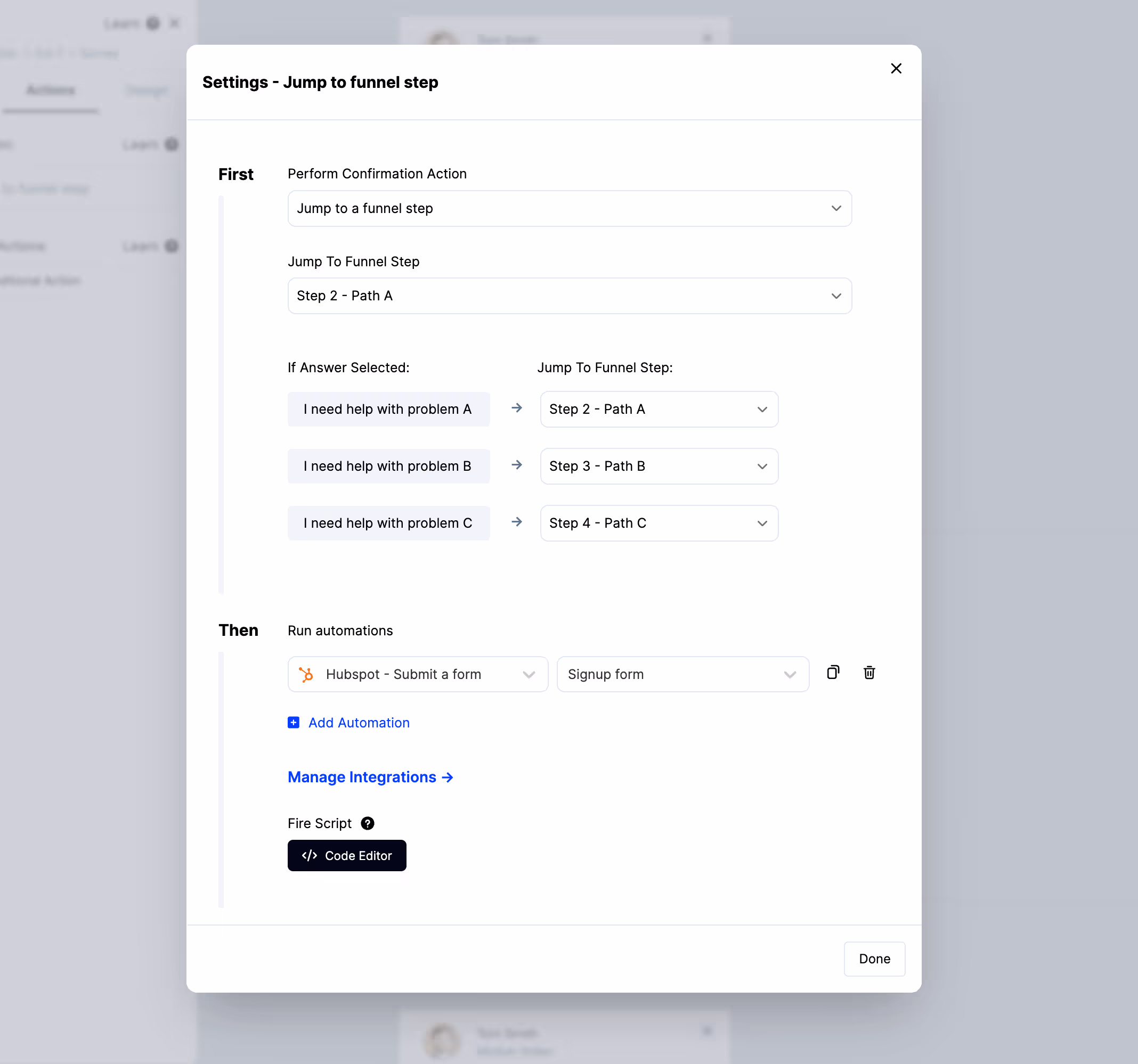 Configuring survey confirmation actions and answer-based jumps in ConvertFlow