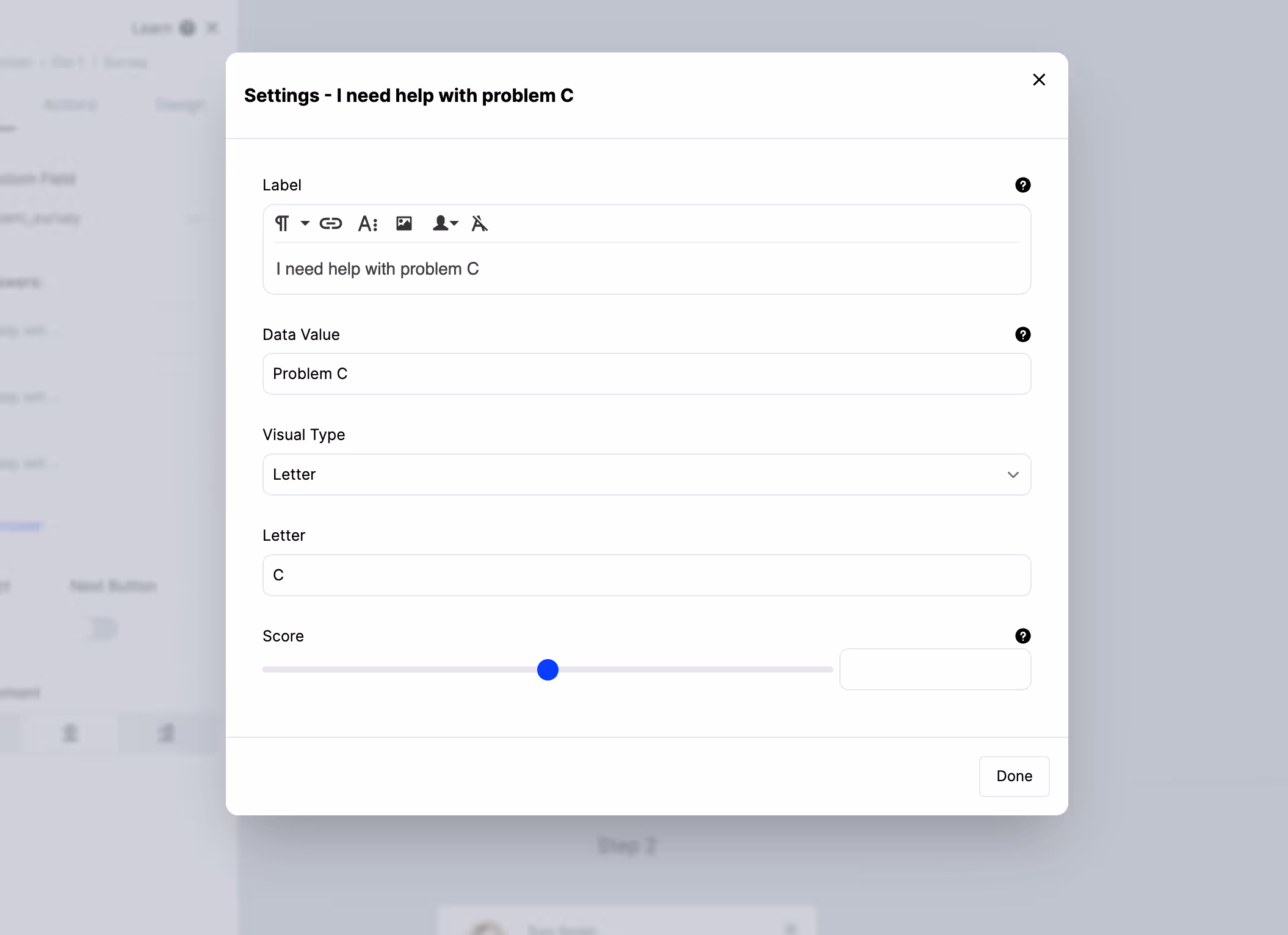 Editing a survey option's data value and score in ConvertFlow