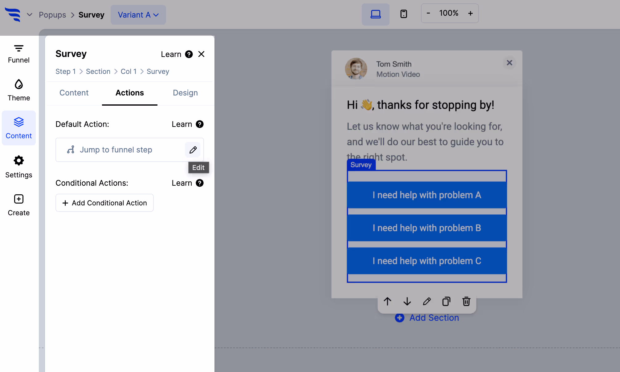 The Actions tab for a ConvertFlow survey element