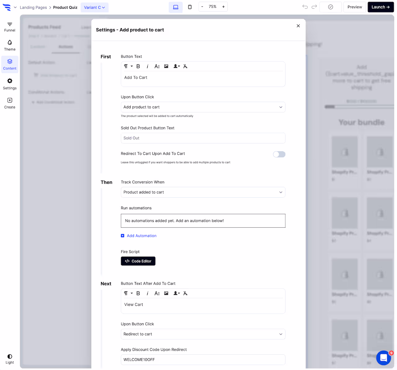 Setting product button actions on a ConvertFlow landing page