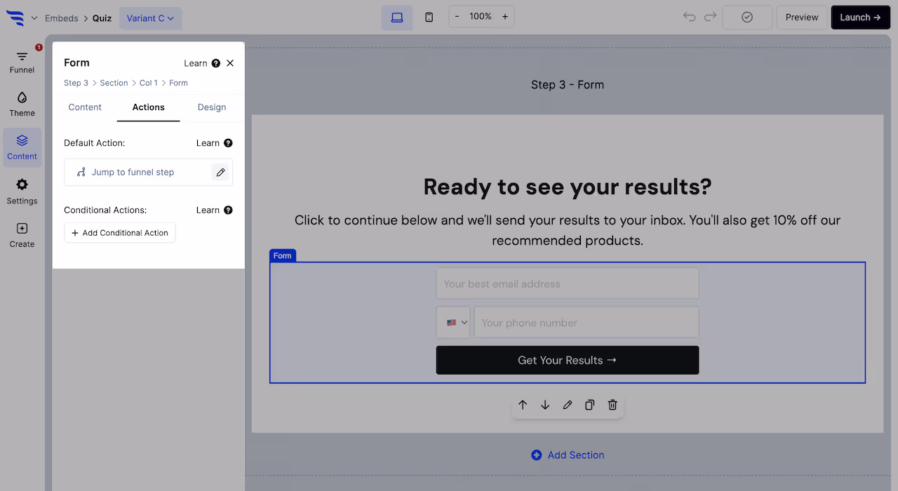 Setting the default action for a conversion element in ConvertFlow