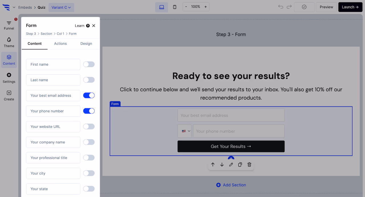 Configuring a form element on a ConvertFlow landing page
