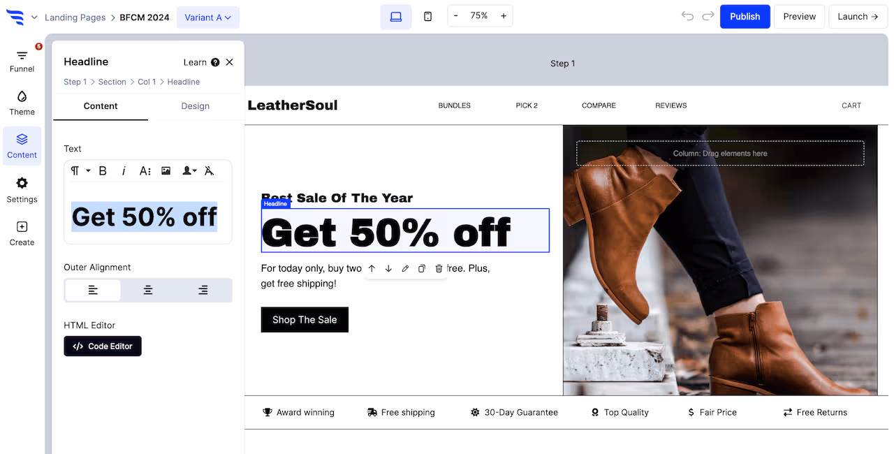 Editing text elements on a ConvertFlow landing page