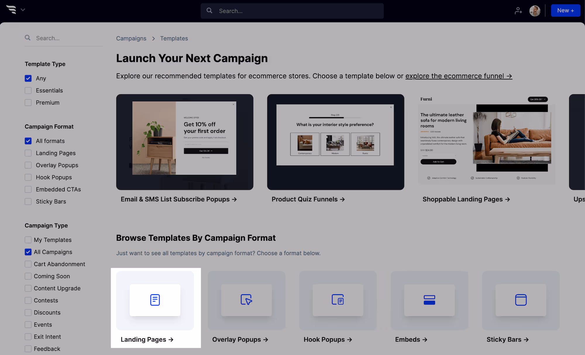 Choosing the landing pages campaign format in ConvertFlow