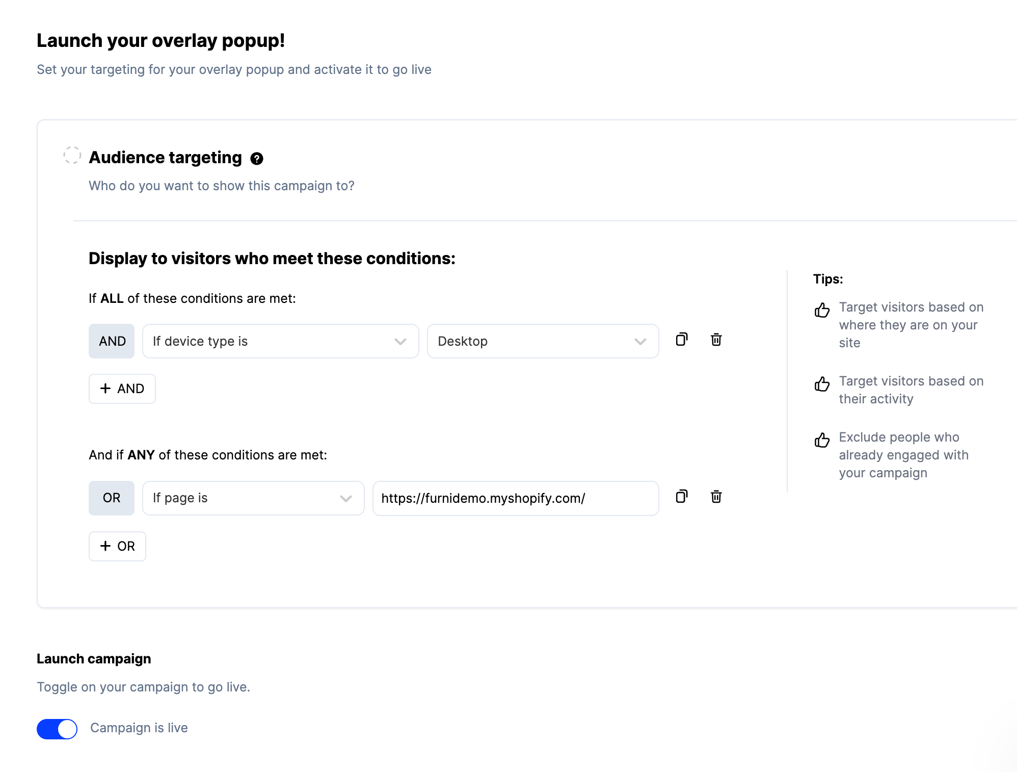 Setting targeting conditions and launching a ConvertFlow popup