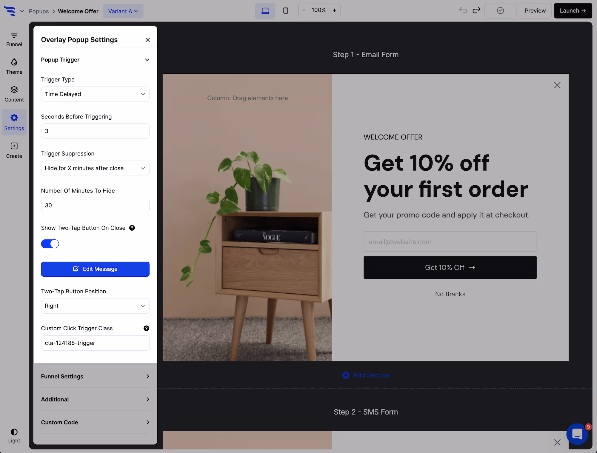 Popup trigger settings in the ConvertFlow builder panel