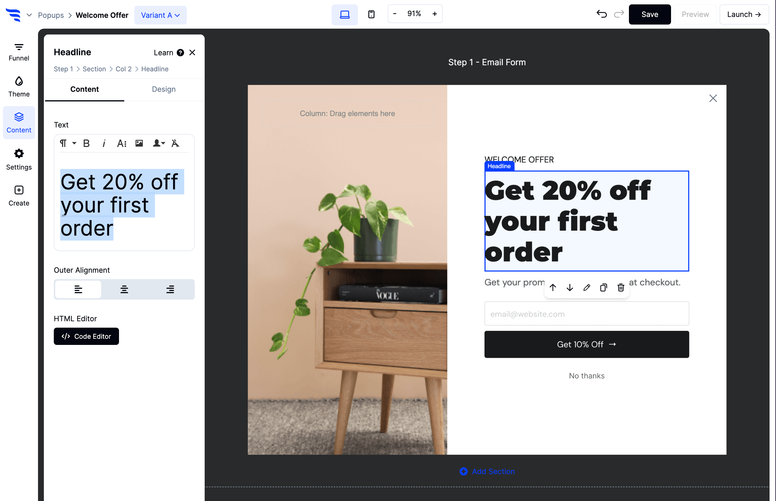 Editing popup content in the ConvertFlow builder