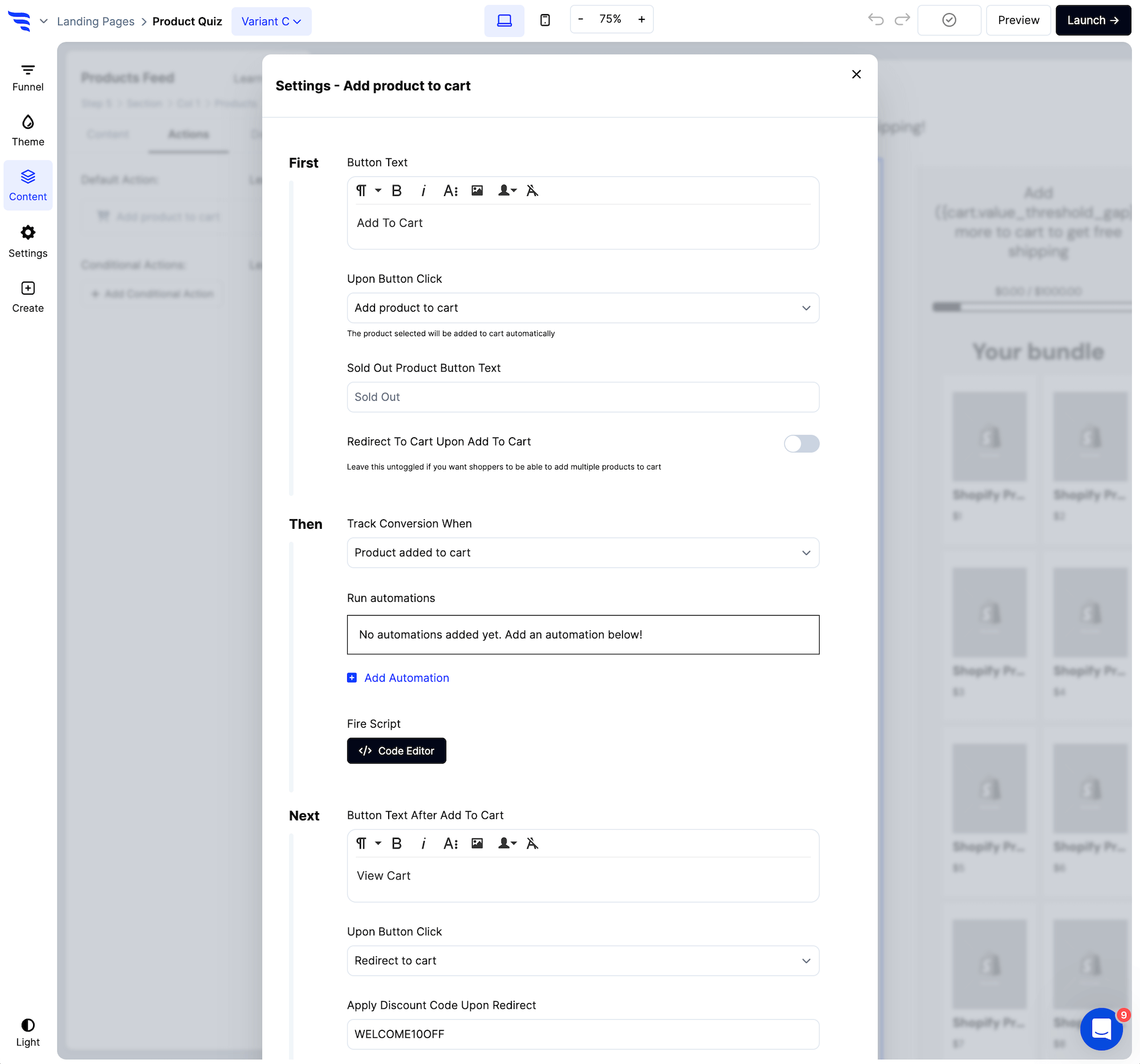 Setting product button actions inside a ConvertFlow pop-up