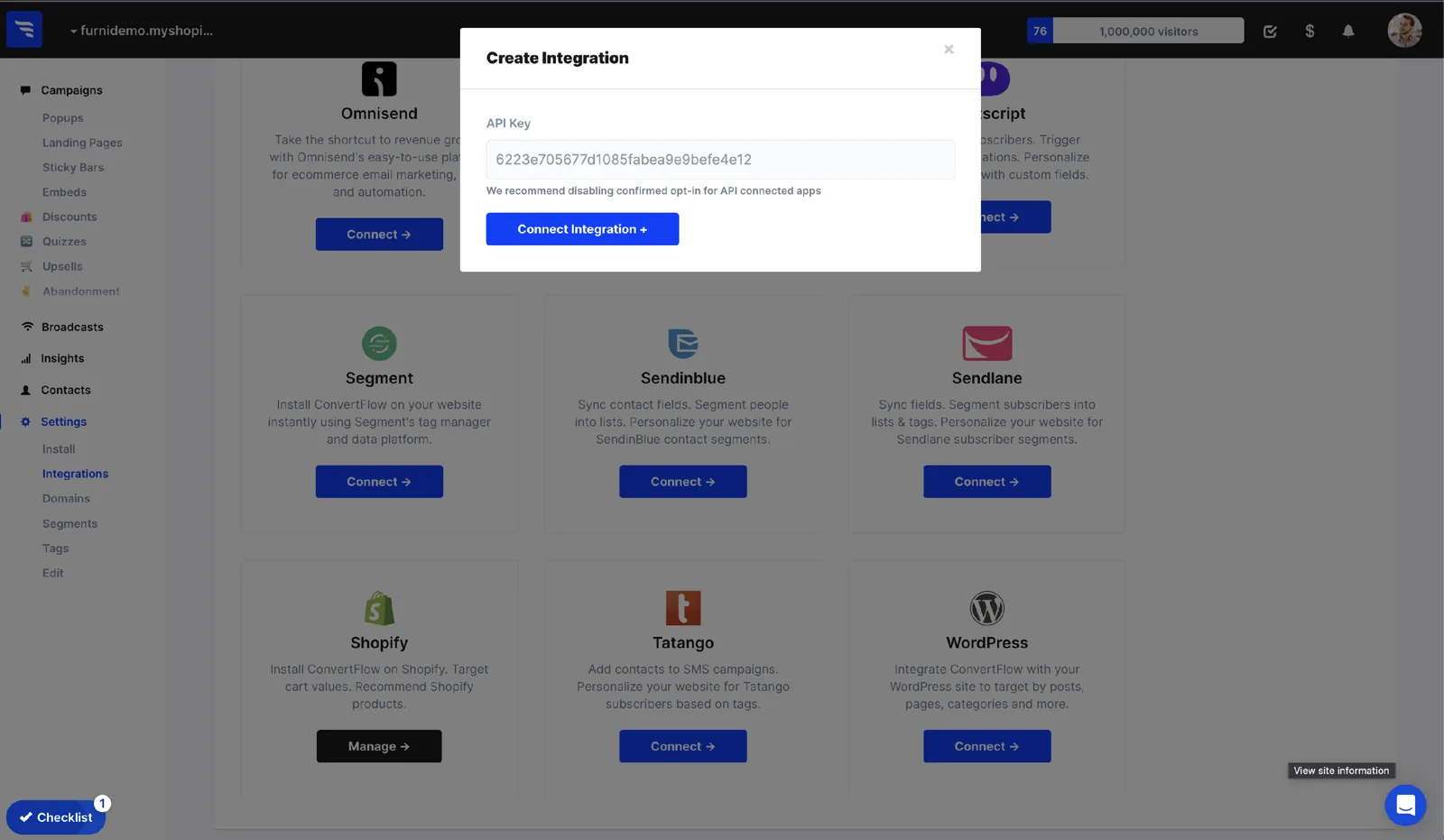 Pasting the Sendlane v2 API token into ConvertFlow's integration form