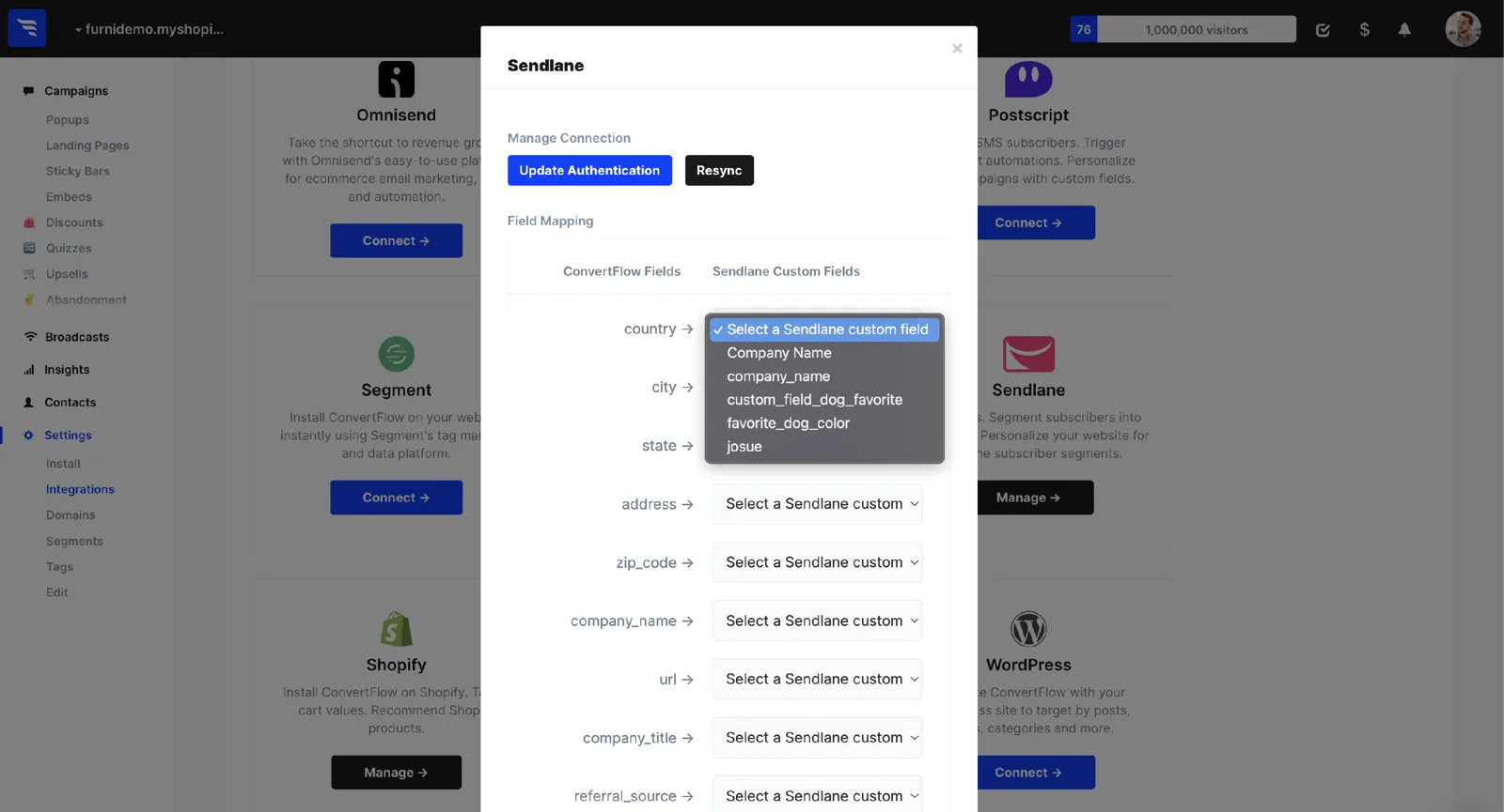 Mapping ConvertFlow preset contact fields to Sendlane custom fields