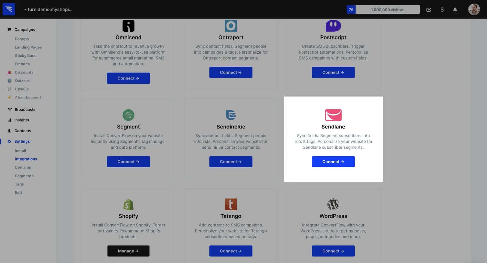 Connecting Sendlane in the ConvertFlow website integrations area