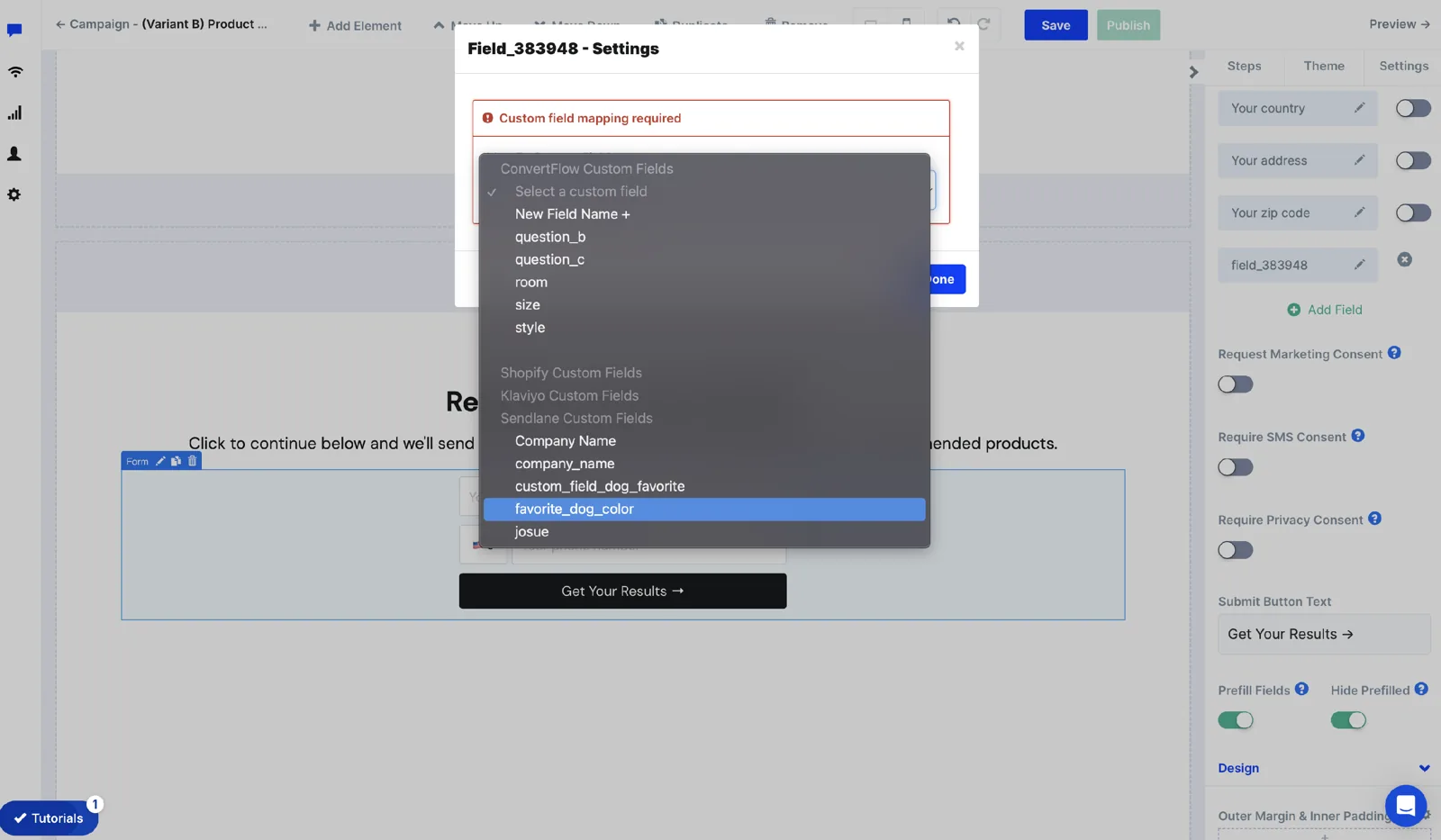 Selecting a Sendlane field when adding a custom field to a ConvertFlow form