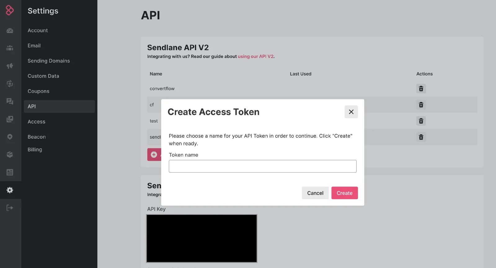 Creating a v2 API token in Sendlane under Account, API, API Tokens
