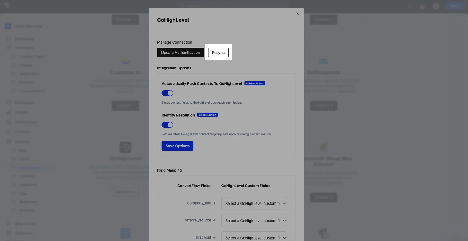 Clicking Resync to refresh the GoHighLevel integration