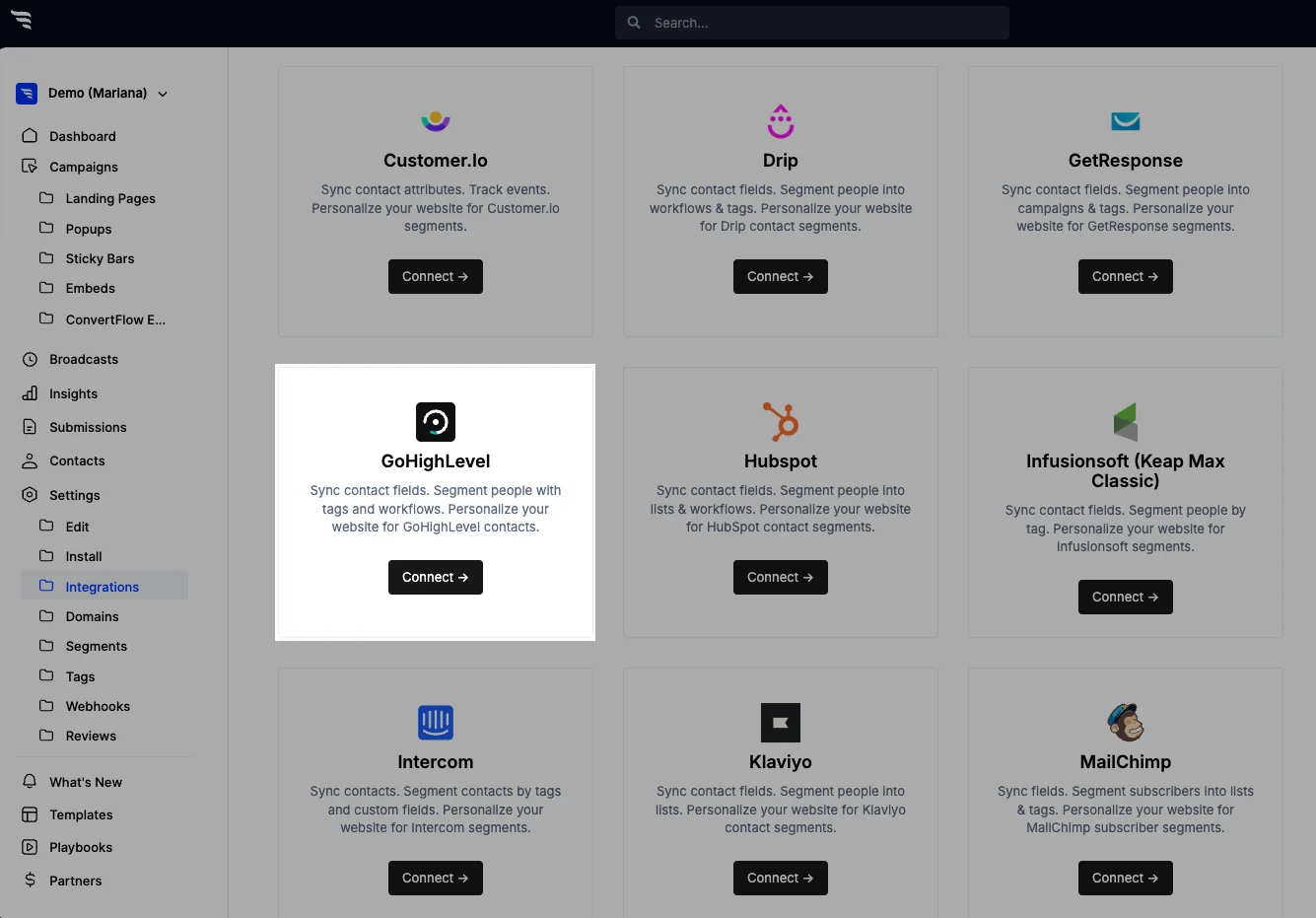 Connecting GoHighLevel in the ConvertFlow website integrations
