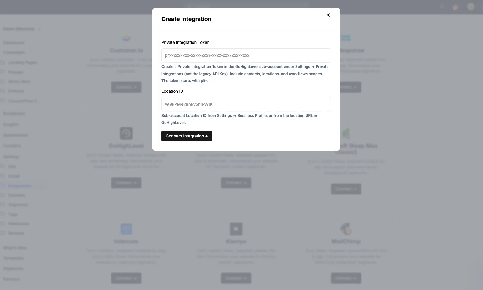 Adding the GoHighLevel Private Integration Token and Location ID