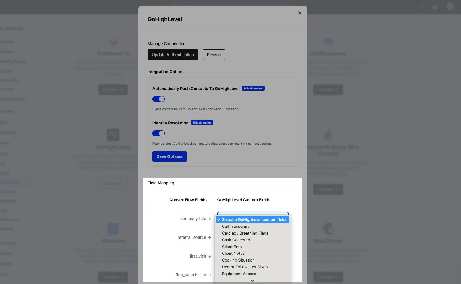 Mapping ConvertFlow preset contact fields to GoHighLevel fields