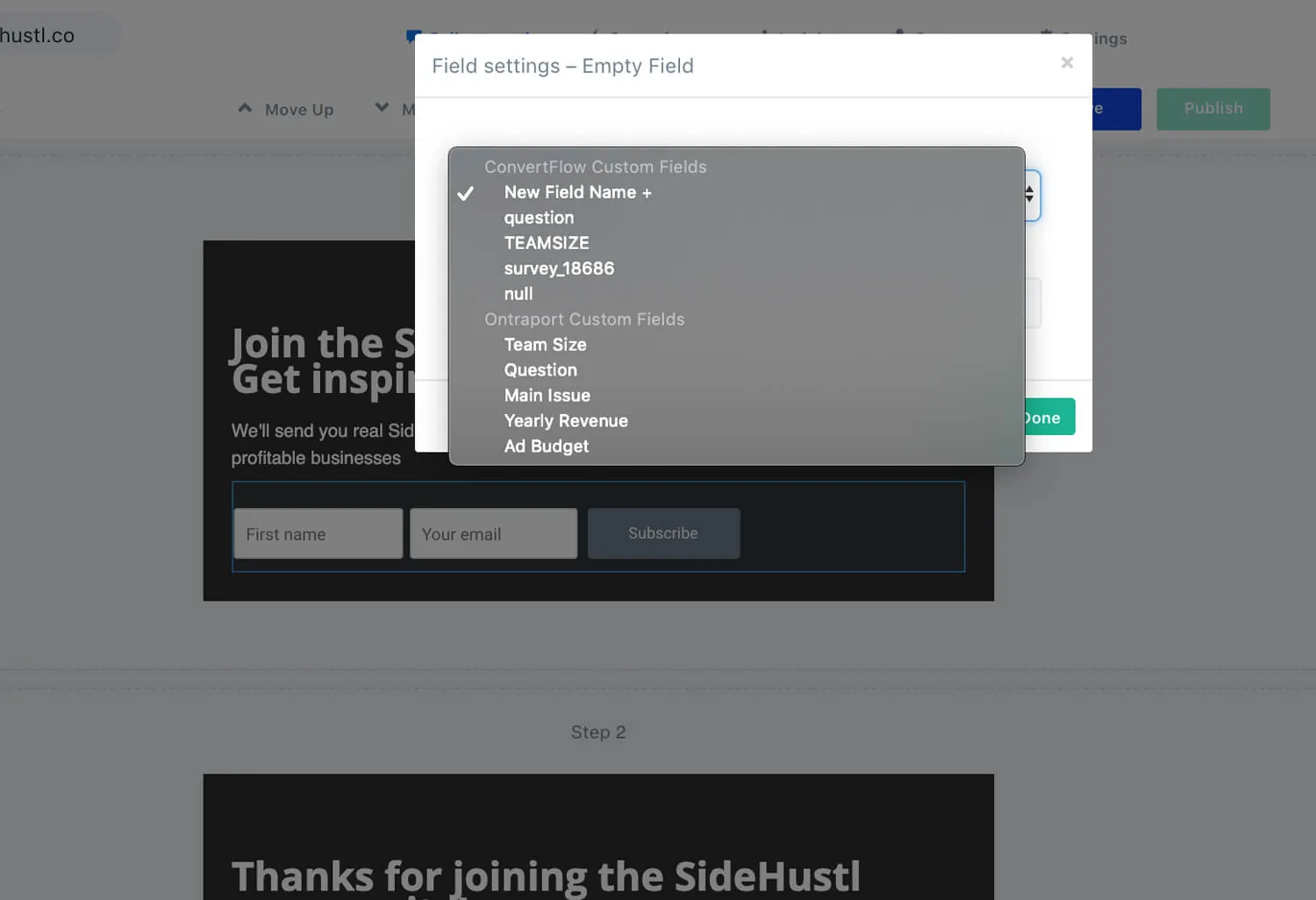 Selecting an Ontraport field when adding a custom field in ConvertFlow