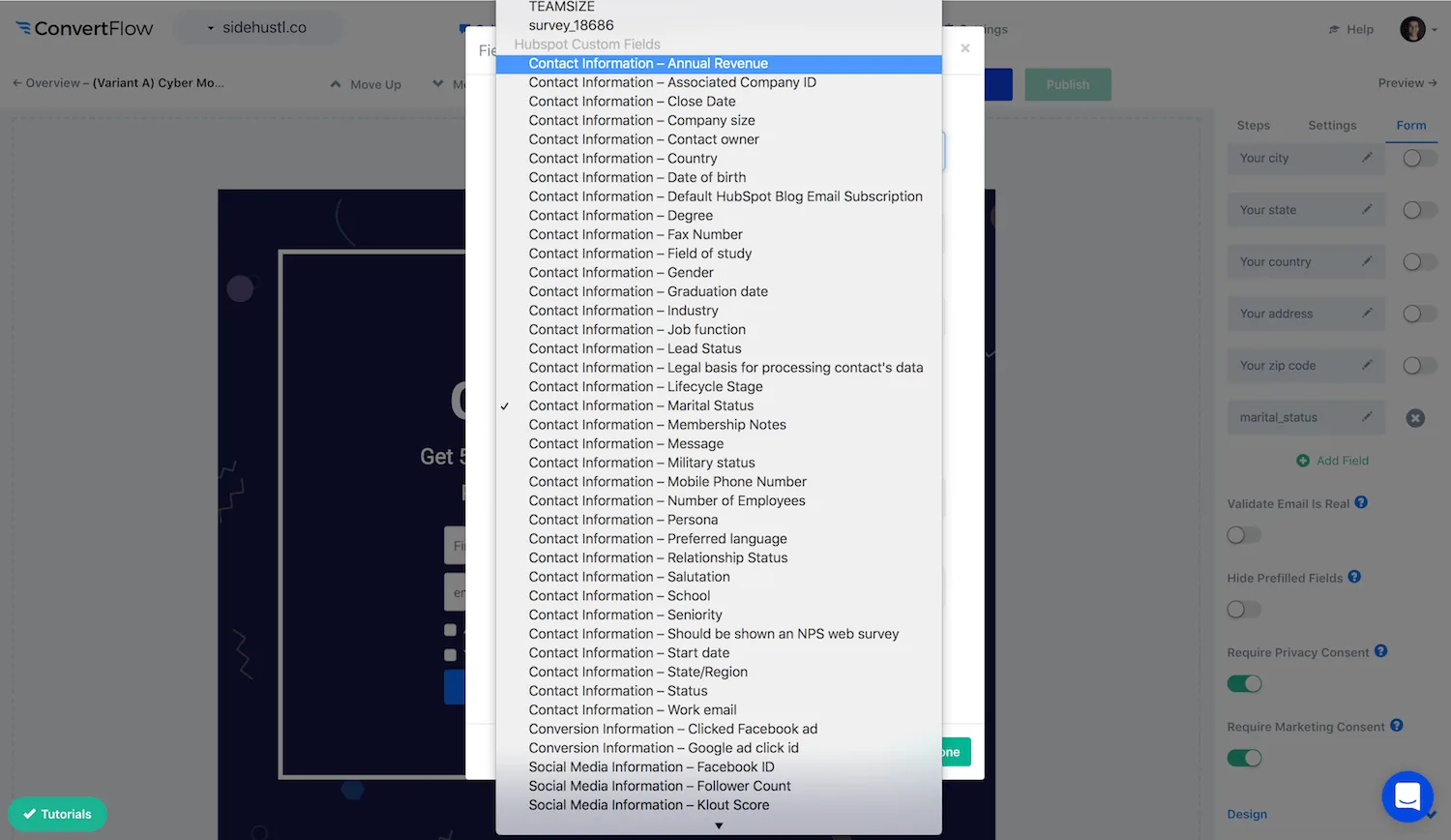 Selecting a HubSpot contact property when adding a custom field