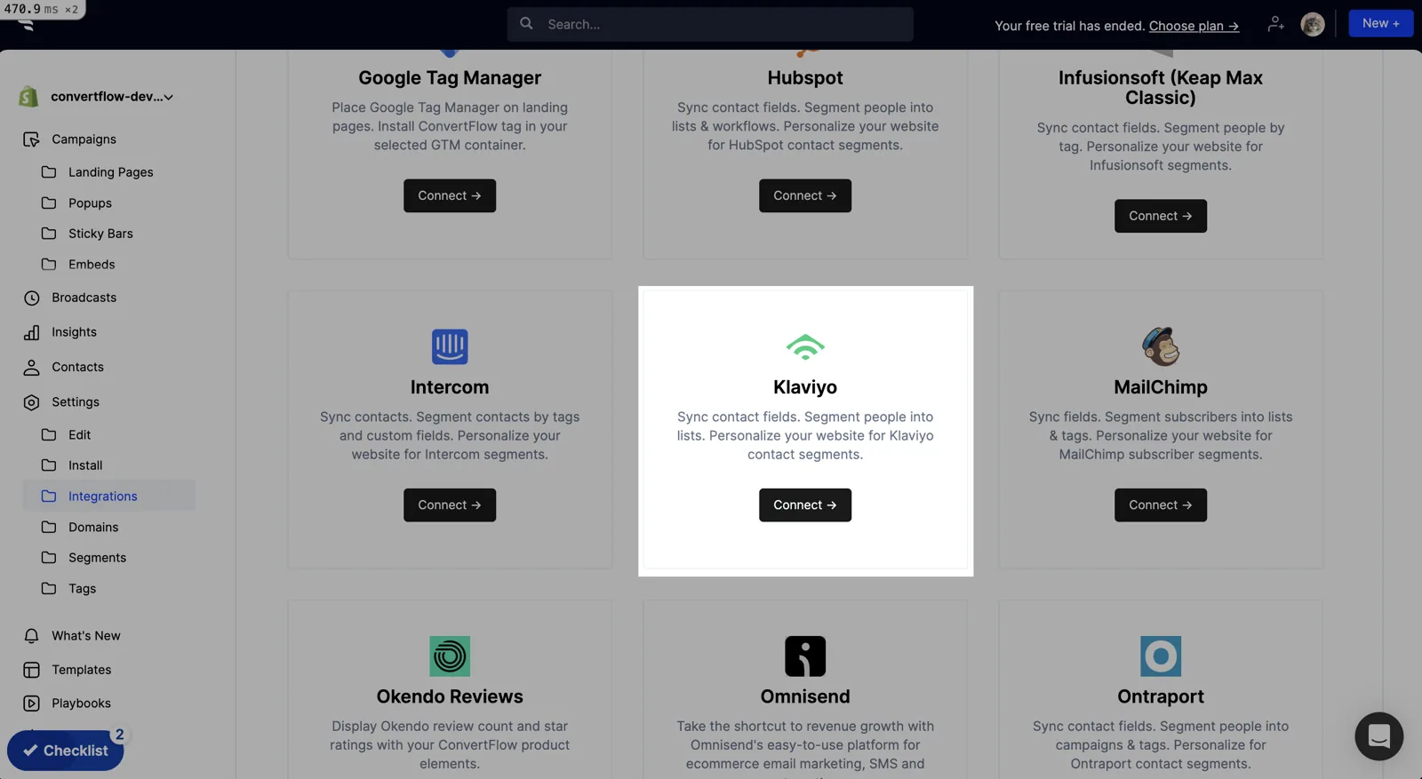 Connecting Klaviyo in the ConvertFlow website integrations area