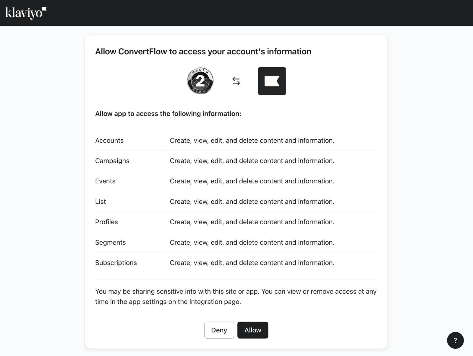 Granting ConvertFlow permission to access your Klaviyo account