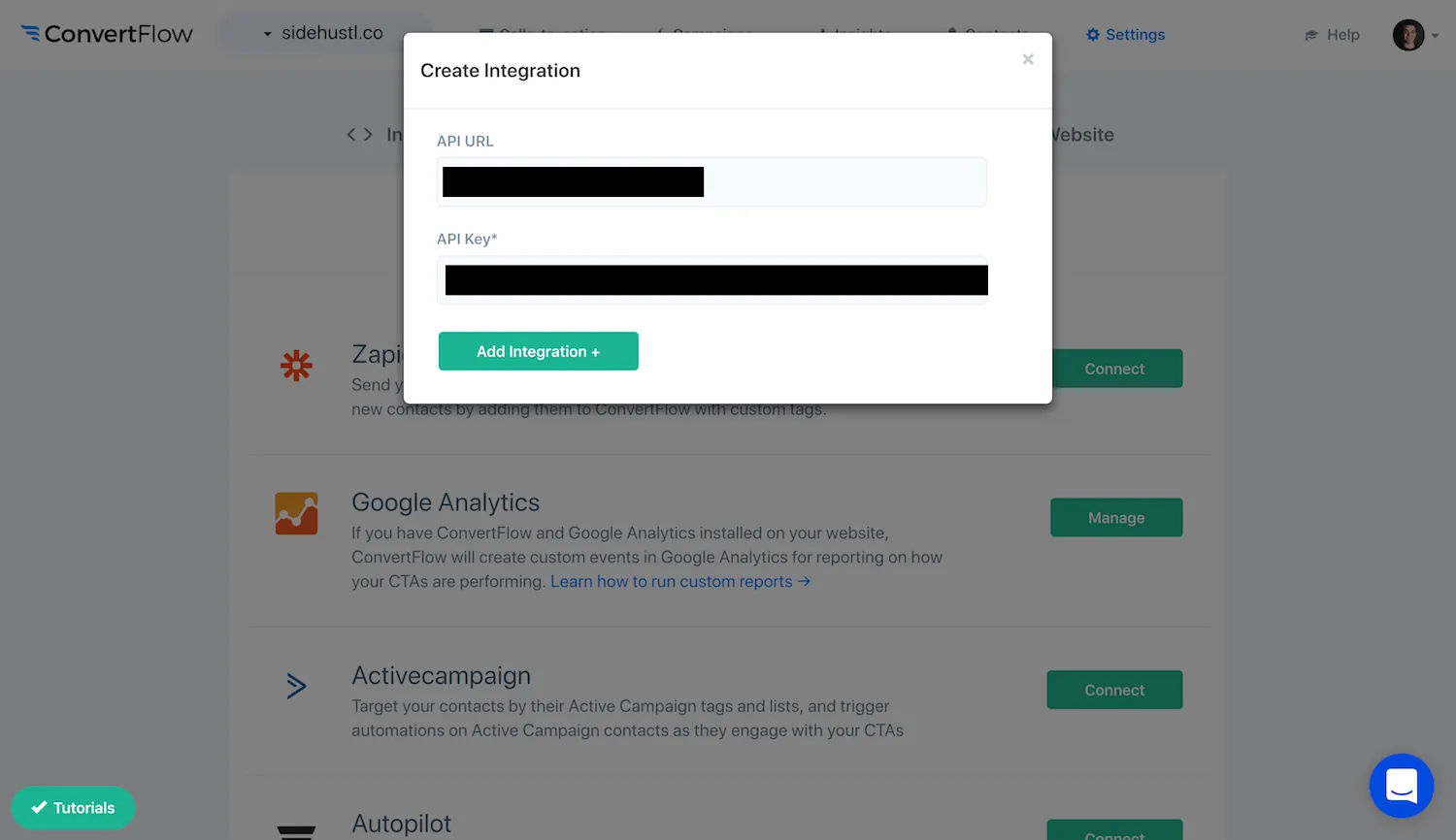 Pasting the ActiveCampaign API URL and key into ConvertFlow
