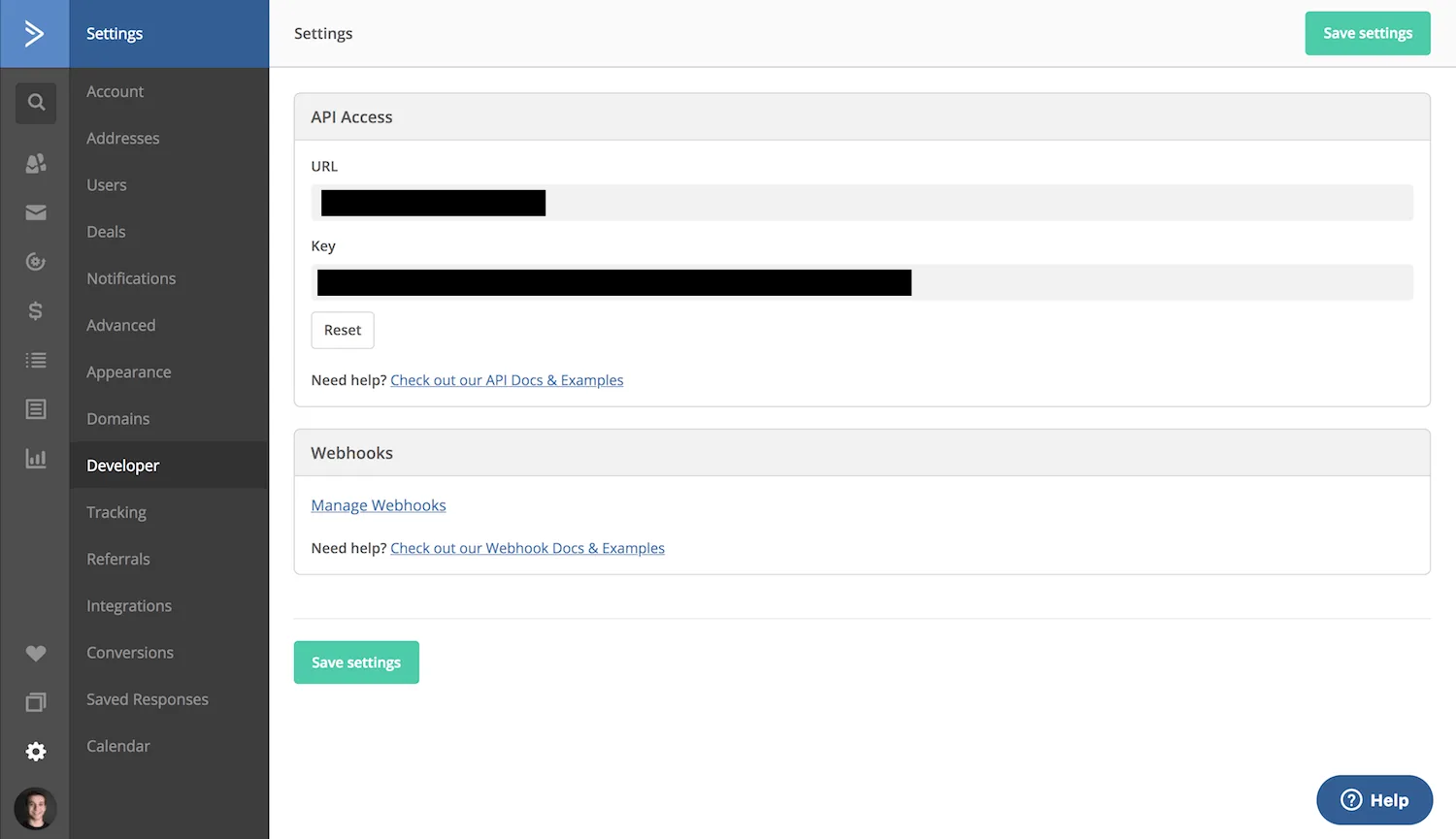 Finding the ActiveCampaign API URL and API key under Settings and Developer