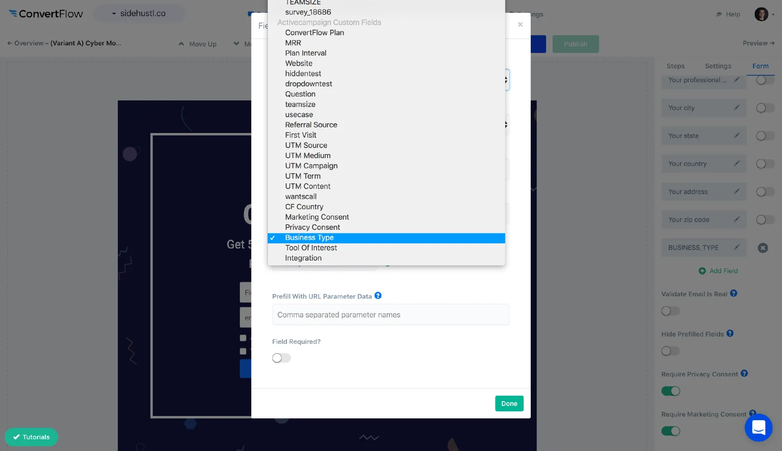 Selecting an ActiveCampaign field when adding a custom field