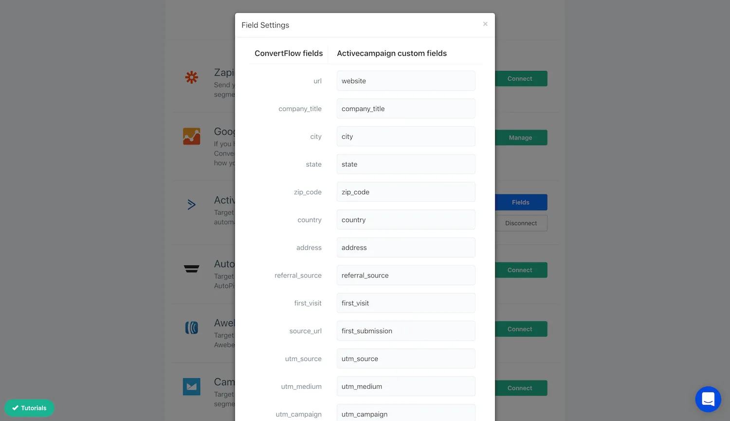 The Fields button for ActiveCampaign mapping on the integrations page