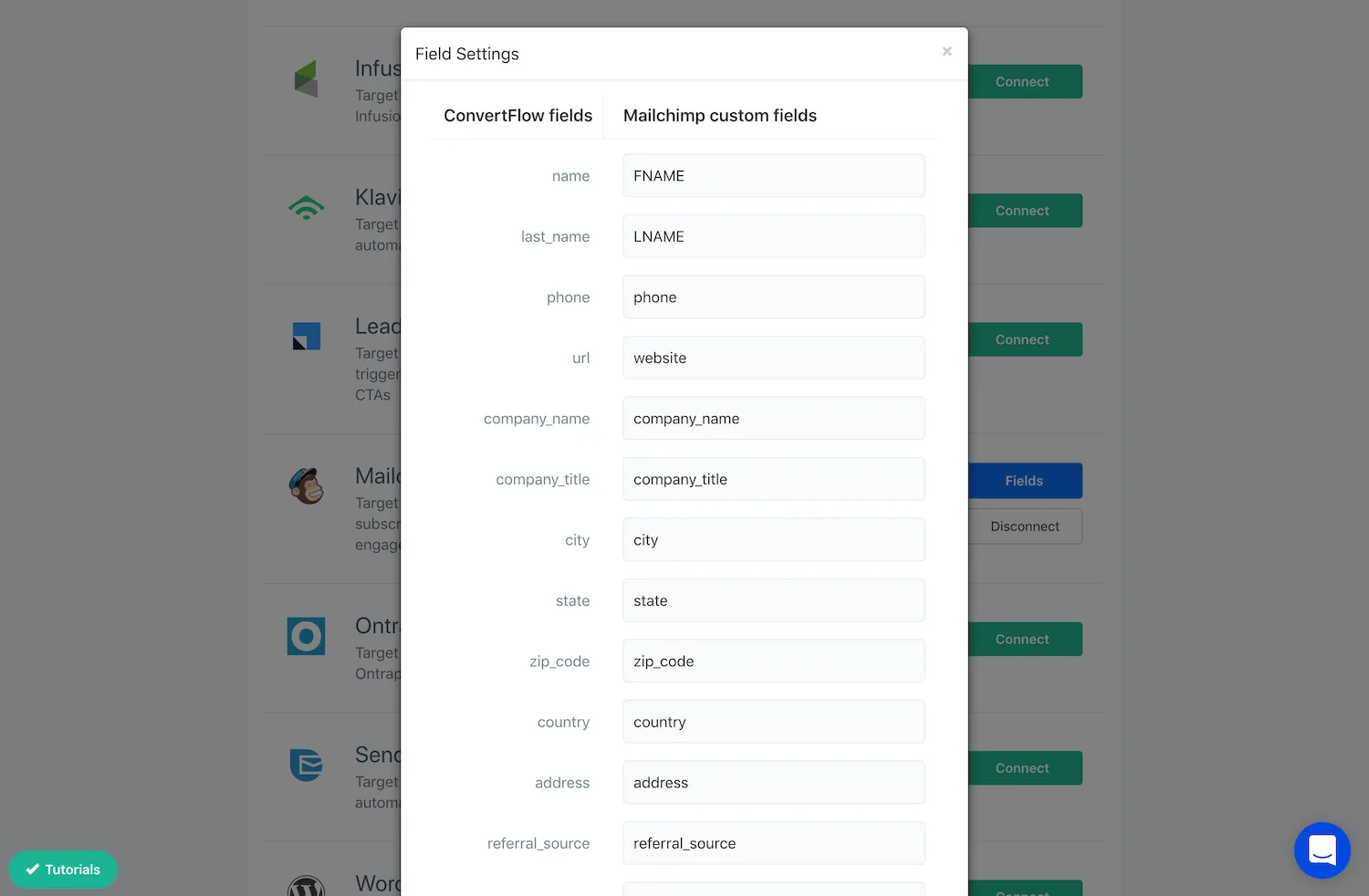 Mapping ConvertFlow preset contact fields to Mailchimp merge fields