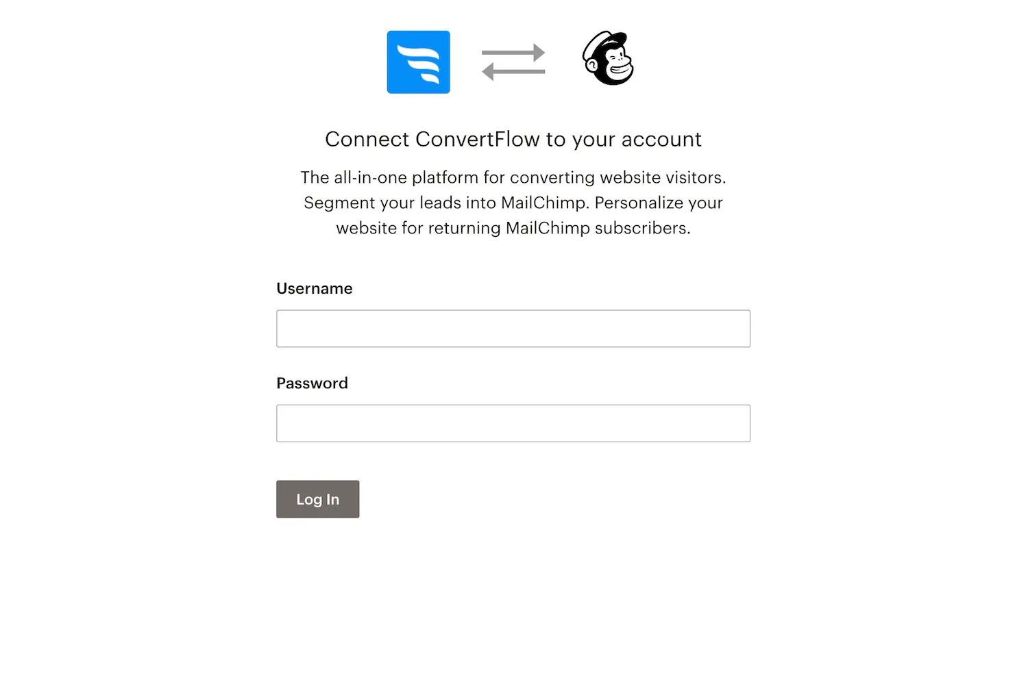 Logging into Mailchimp to authorize the ConvertFlow connection