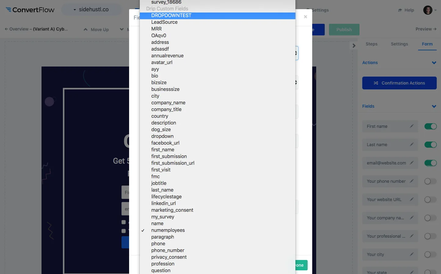 Selecting a Drip field when adding a custom field in ConvertFlow
