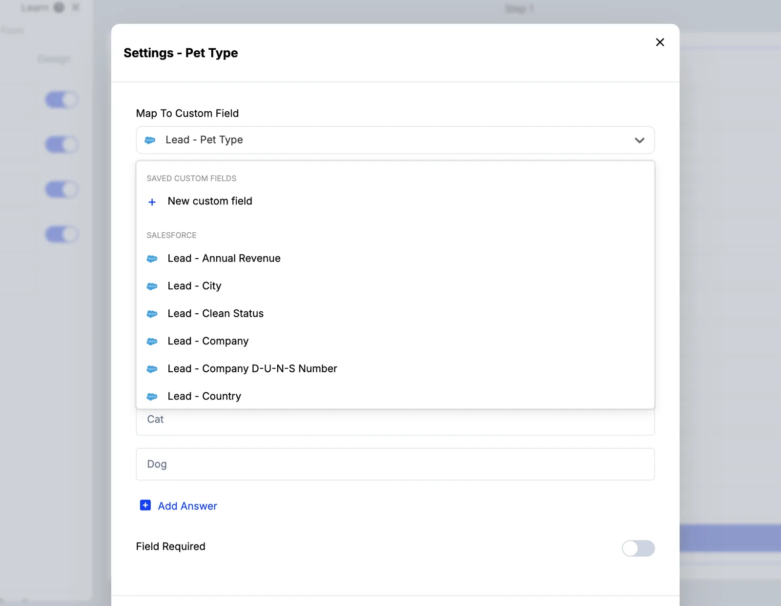 Selecting a Salesforce field when adding a custom field in ConvertFlow