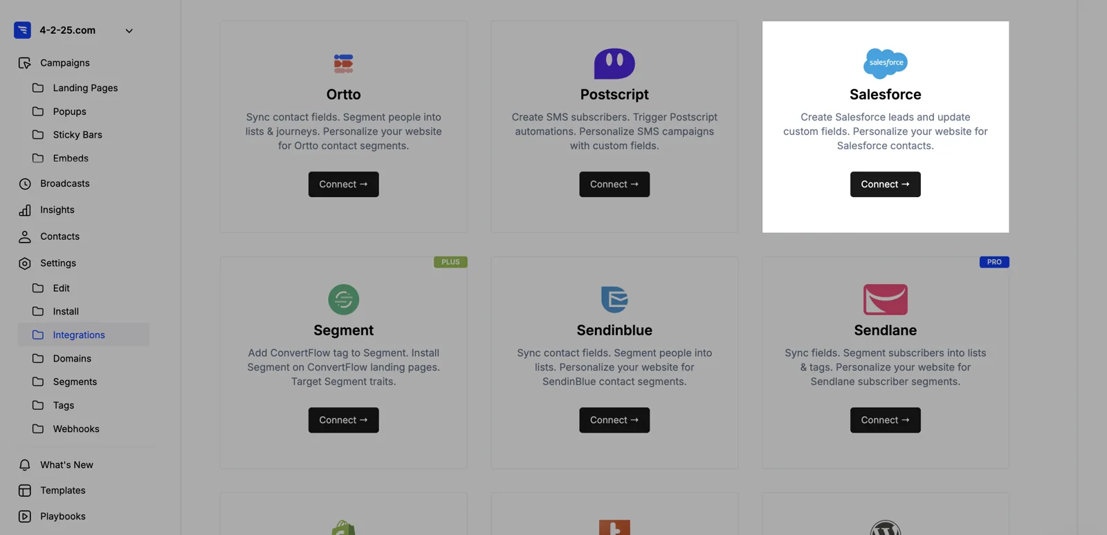 Connecting Salesforce from the ConvertFlow integrations area