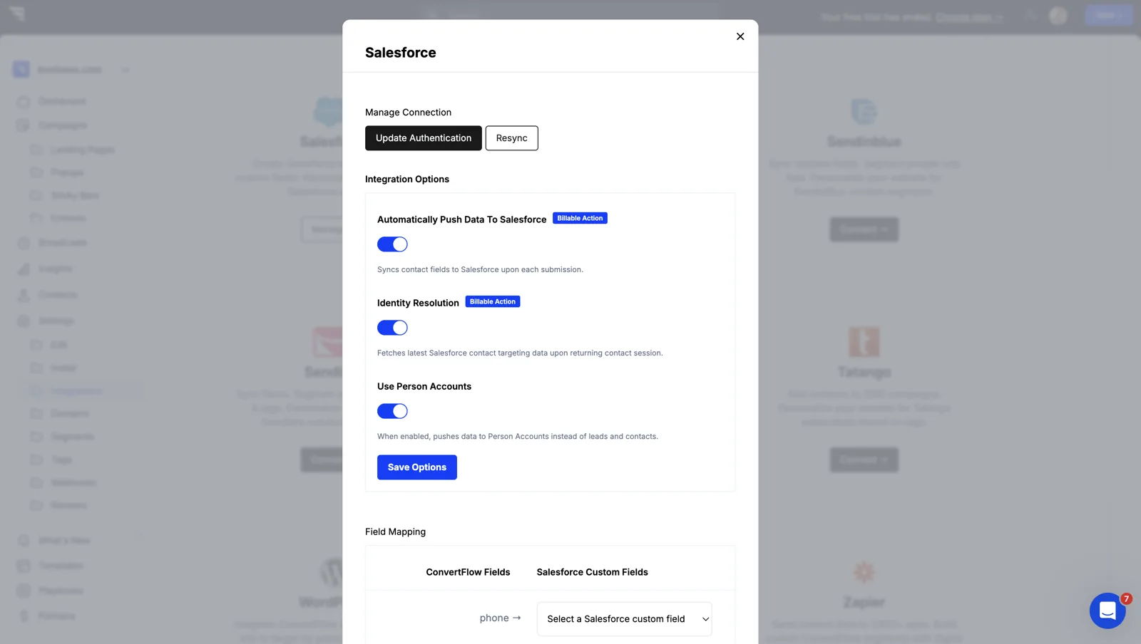 Enabling the Use Person Accounts toggle on the Salesforce integration