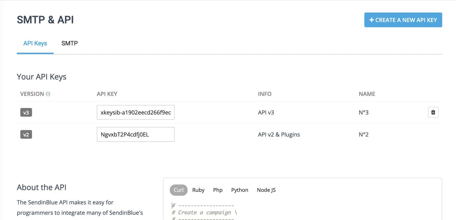 Finding the Brevo API v3 key under SMTP and API
