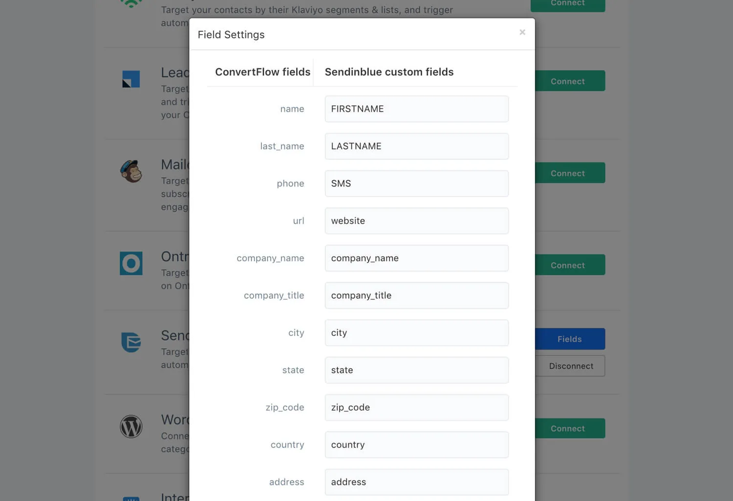 Mapping ConvertFlow preset contact fields to Brevo fields