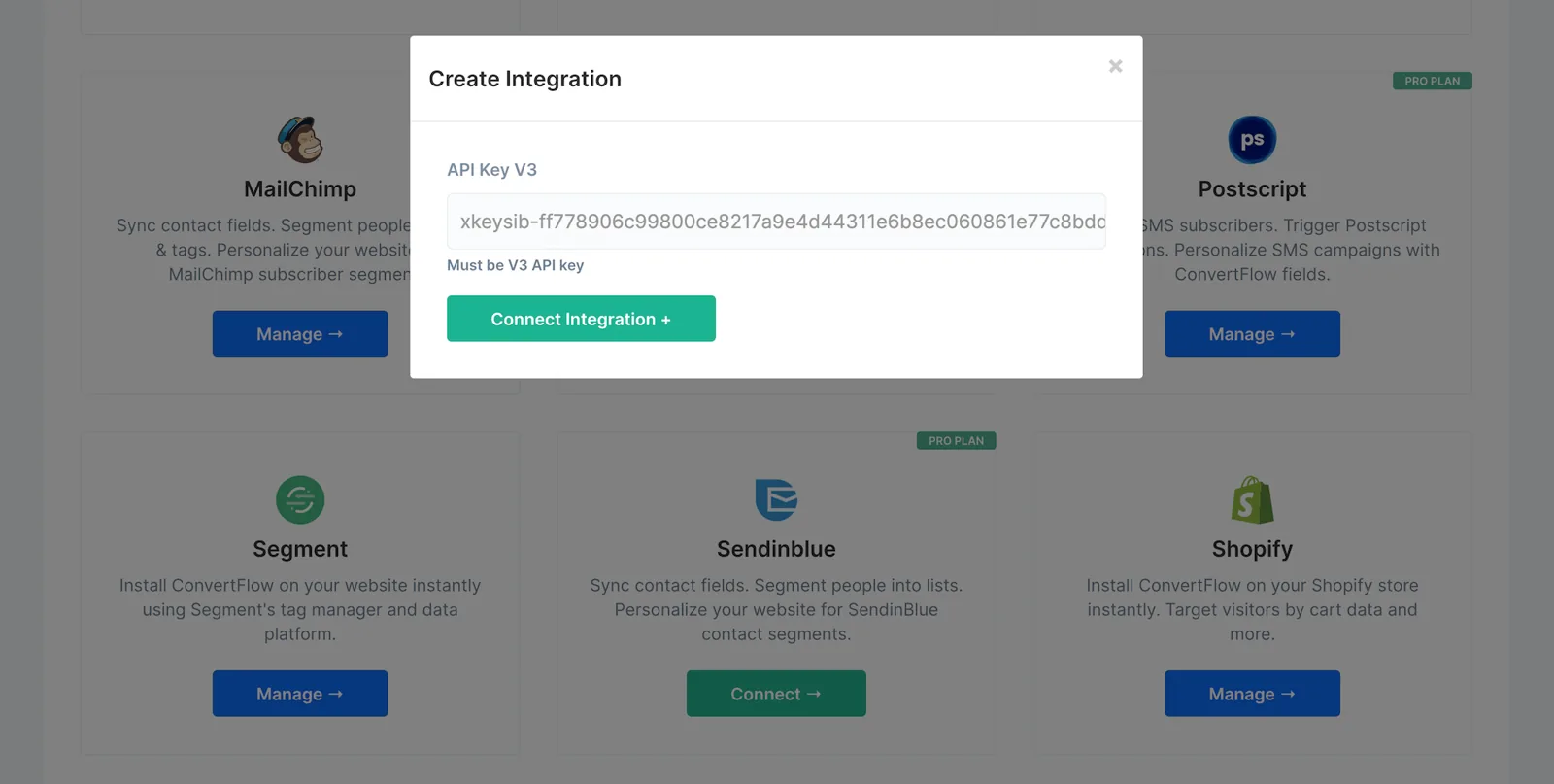 Pasting the Brevo API v3 key into ConvertFlow