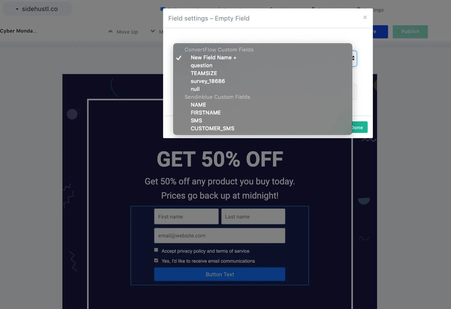 Selecting a Brevo field when adding a custom field