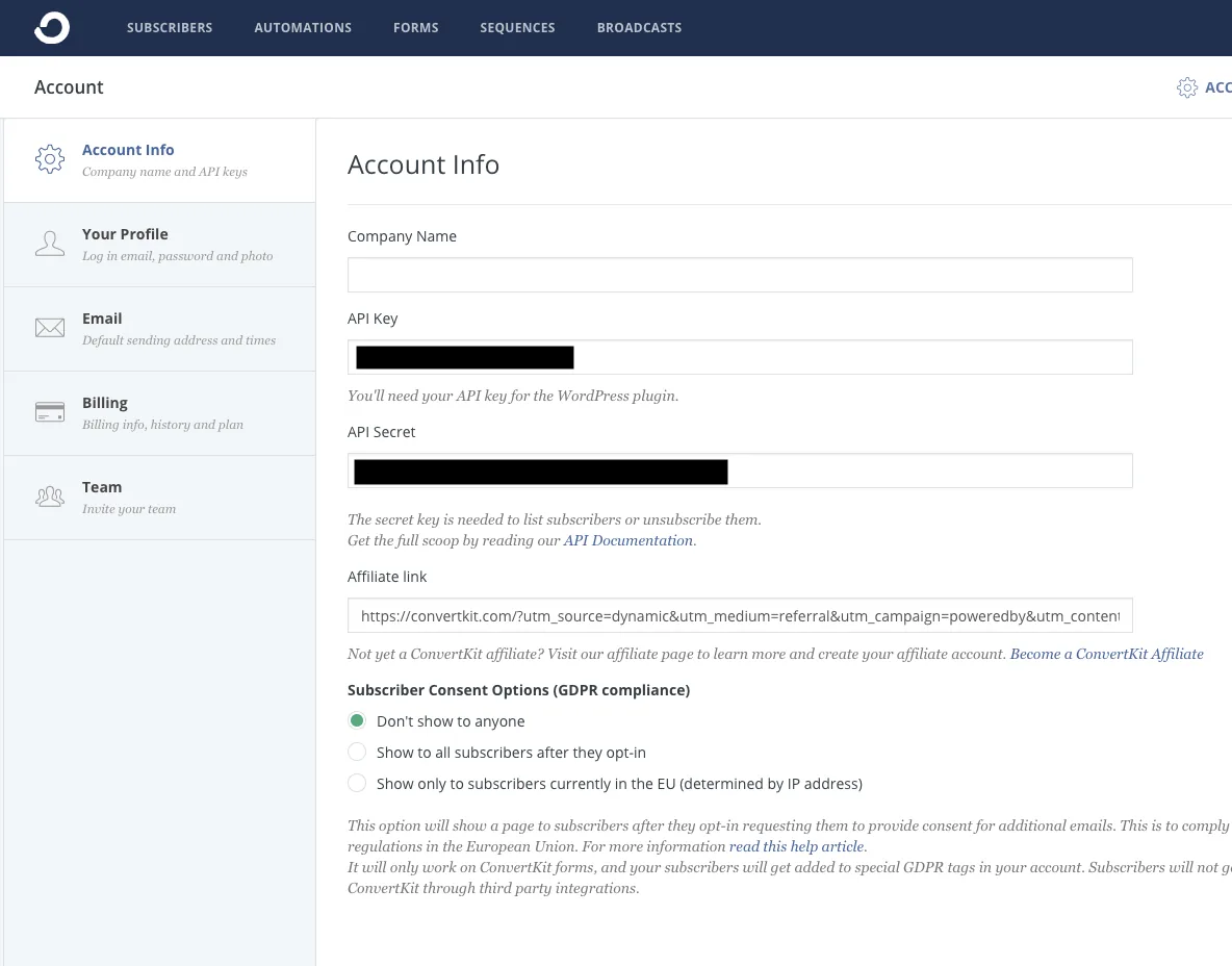 Finding the ConvertKit API Secret under Account Info