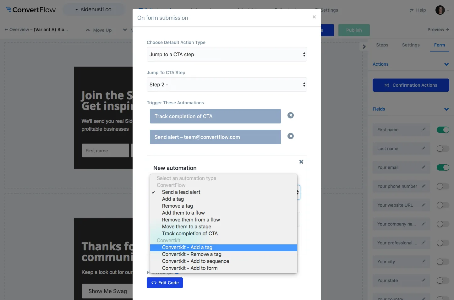 ConvertFlow pulling in ConvertKit sequences and tags after connecting