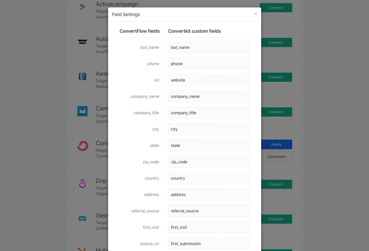 Mapping ConvertFlow preset contact fields to ConvertKit custom fields