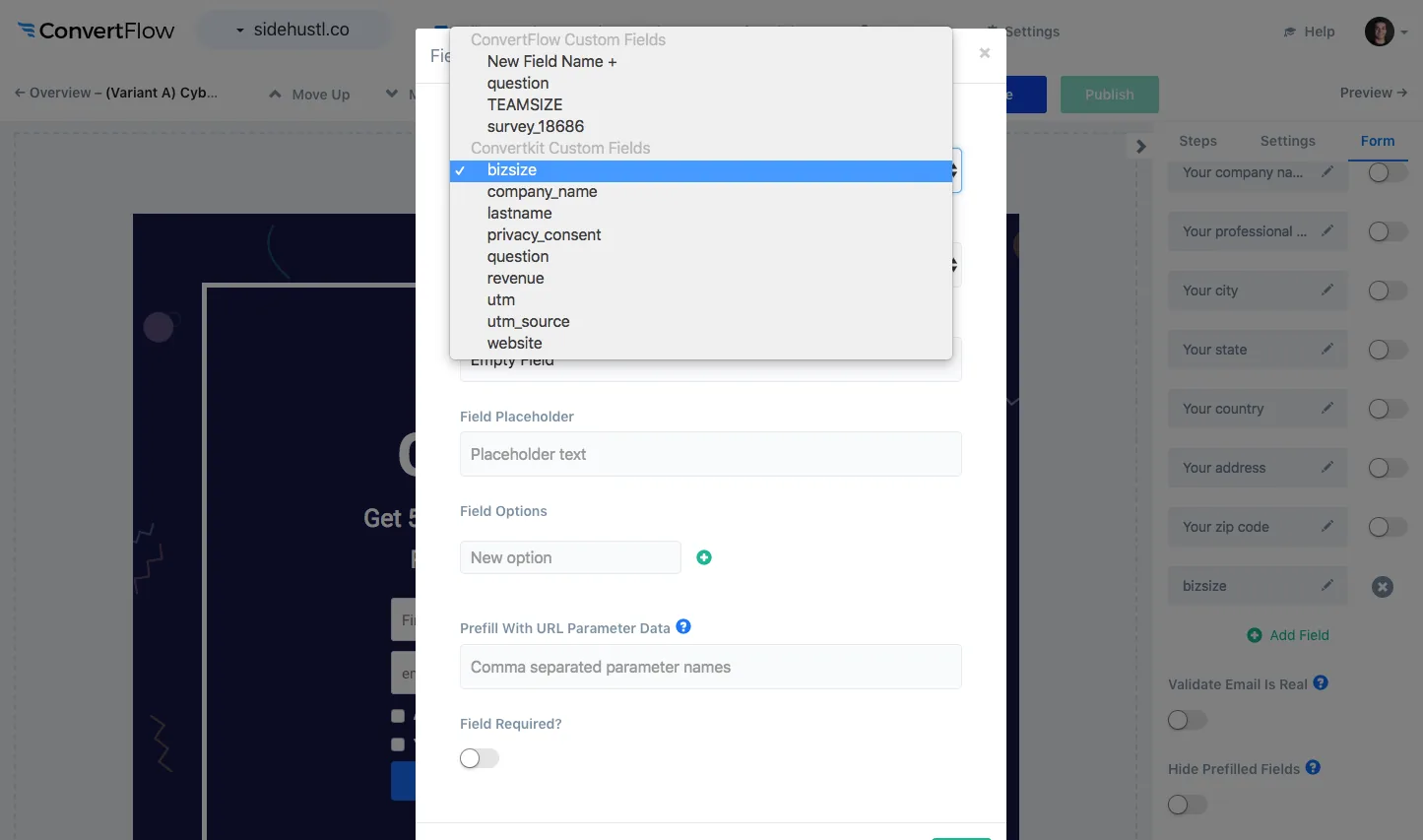 Selecting a ConvertKit field to map a pop-up answer to