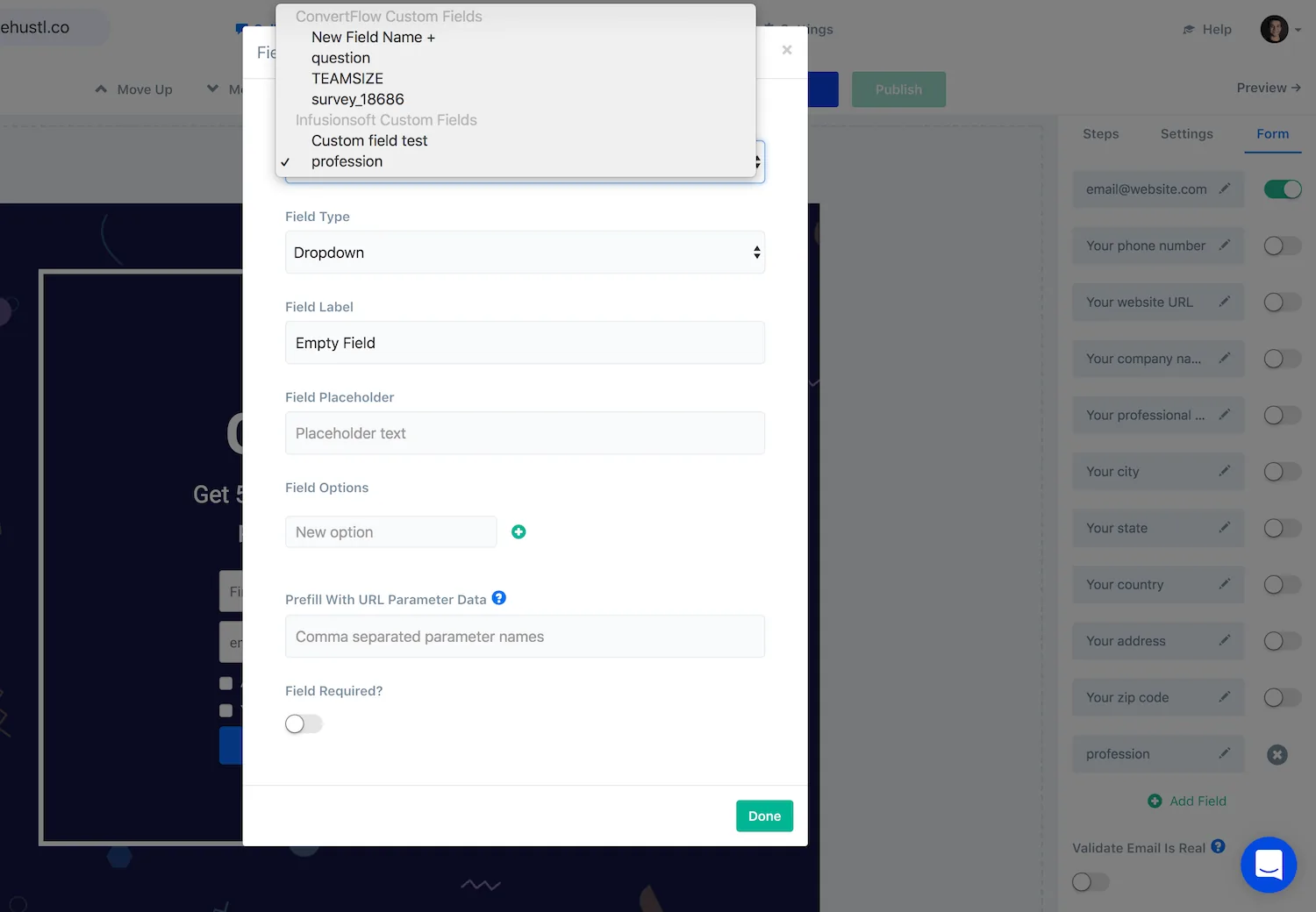 Selecting a Keap field when adding a custom field in ConvertFlow
