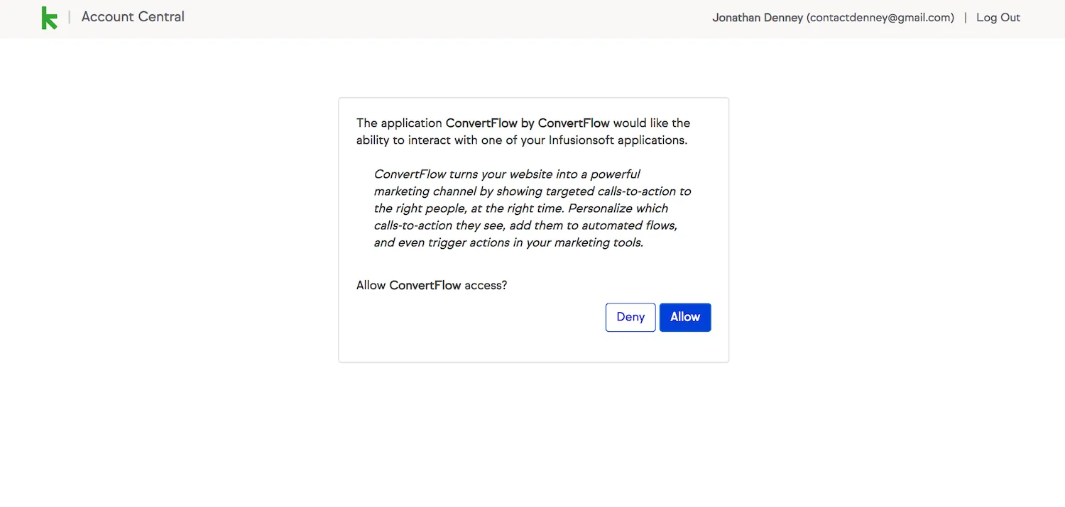 Logging into Keap to authorize the ConvertFlow connection