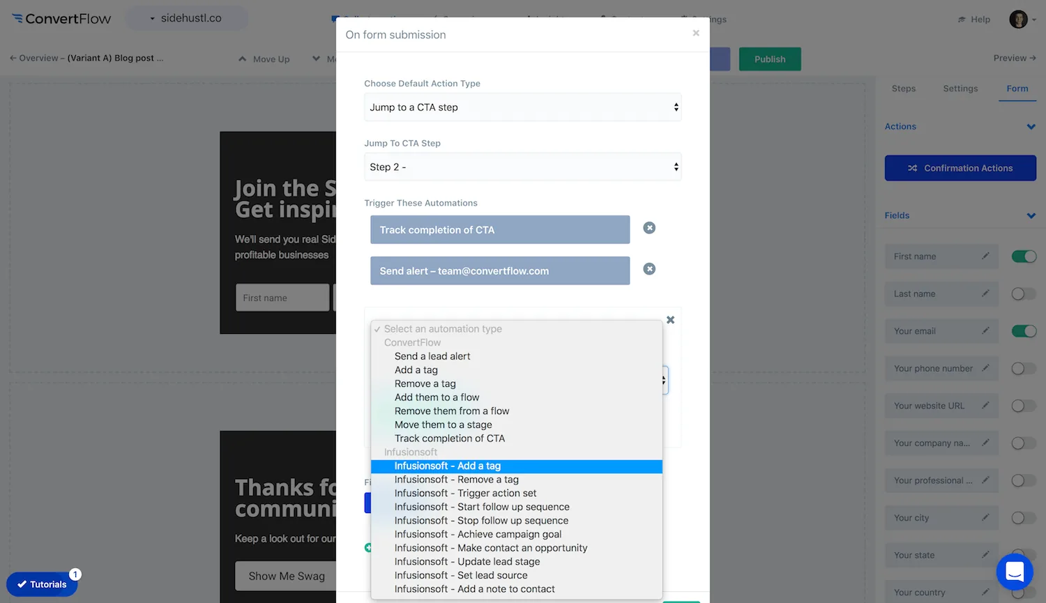 ConvertFlow pulling in Keap tags and action sets after connecting