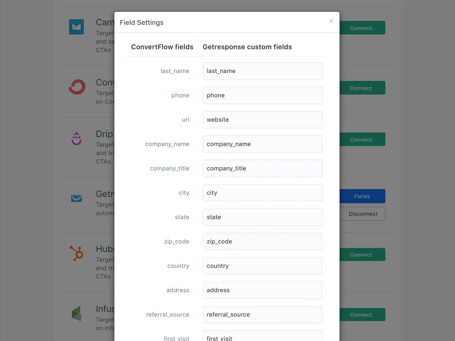 Mapping ConvertFlow preset contact fields to GetResponse fields