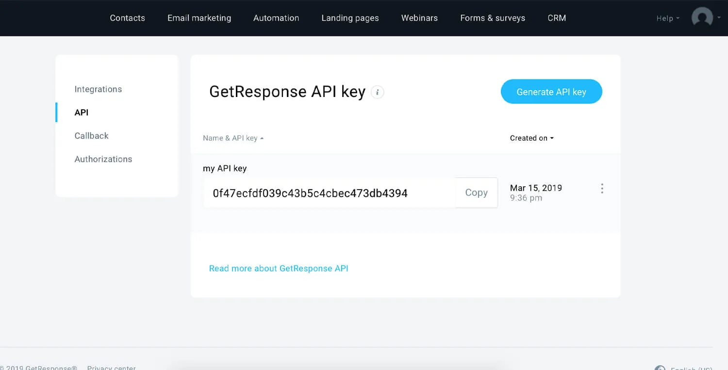 Finding the GetResponse API key under Settings and Integrations